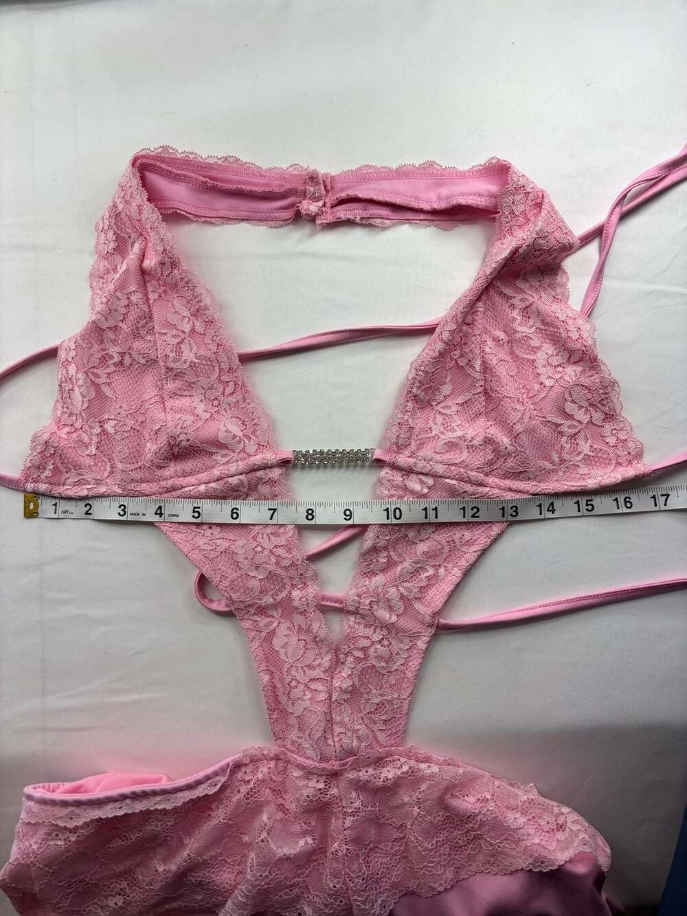 Pink Lace Halter Cut-Out Mini Dress with Rhinestone Detail - Picture 10 of 11